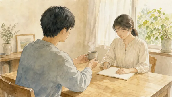 湯気の立つマグカップを差し出す人と、手元のノートに視線を落としたまま気づいていない人を描いたイラスト