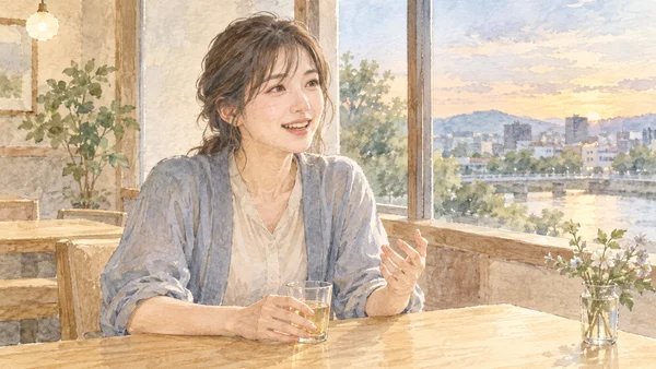 夕方の光が差し込む明るい室内の窓ぎわで、小さなグラスを前に、画面の外にいる相手へくつろいだ様子で話している人の水彩イラスト
