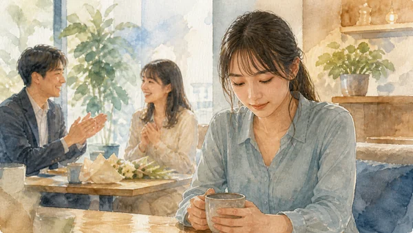 人の成功を素直に喜べない人の心理を水彩風の絵で表した画像