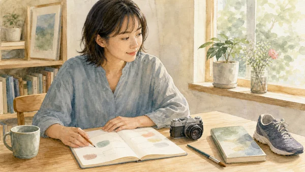 趣味と性格の関係を研究ノートと複数の趣味道具から考える人を描いた水彩風の画像