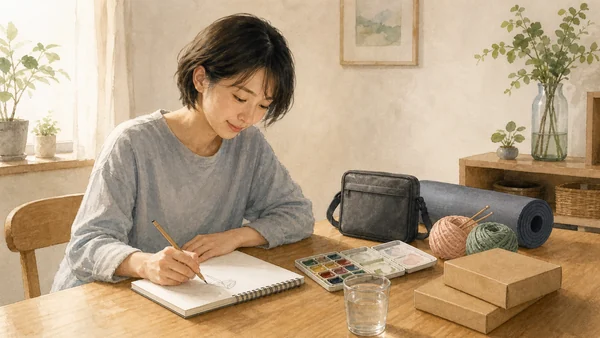 趣味の道具を前に、買うことと実際に始めることの違いを考える人を描いた画像