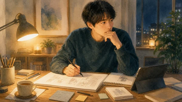 描きかけの作品を前に筆が止まった創作者の様子を描いた水彩風の画像