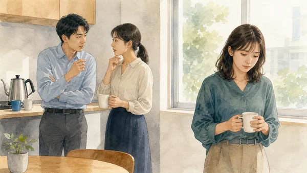 休憩室で始まった内緒話の輪の外側で、居心地悪くカップを持つ人を描いた水彩風の画像