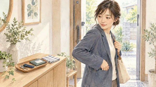 明るい朝の玄関で、鍵置きのトレーを振り返り忘れ物に気づいた人の透明水彩イラスト
