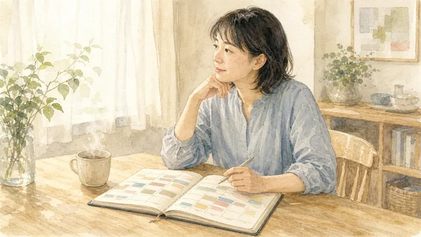 予定を詰め込んだ手帳を見ながら、余白をつくろうと考える人のイラスト