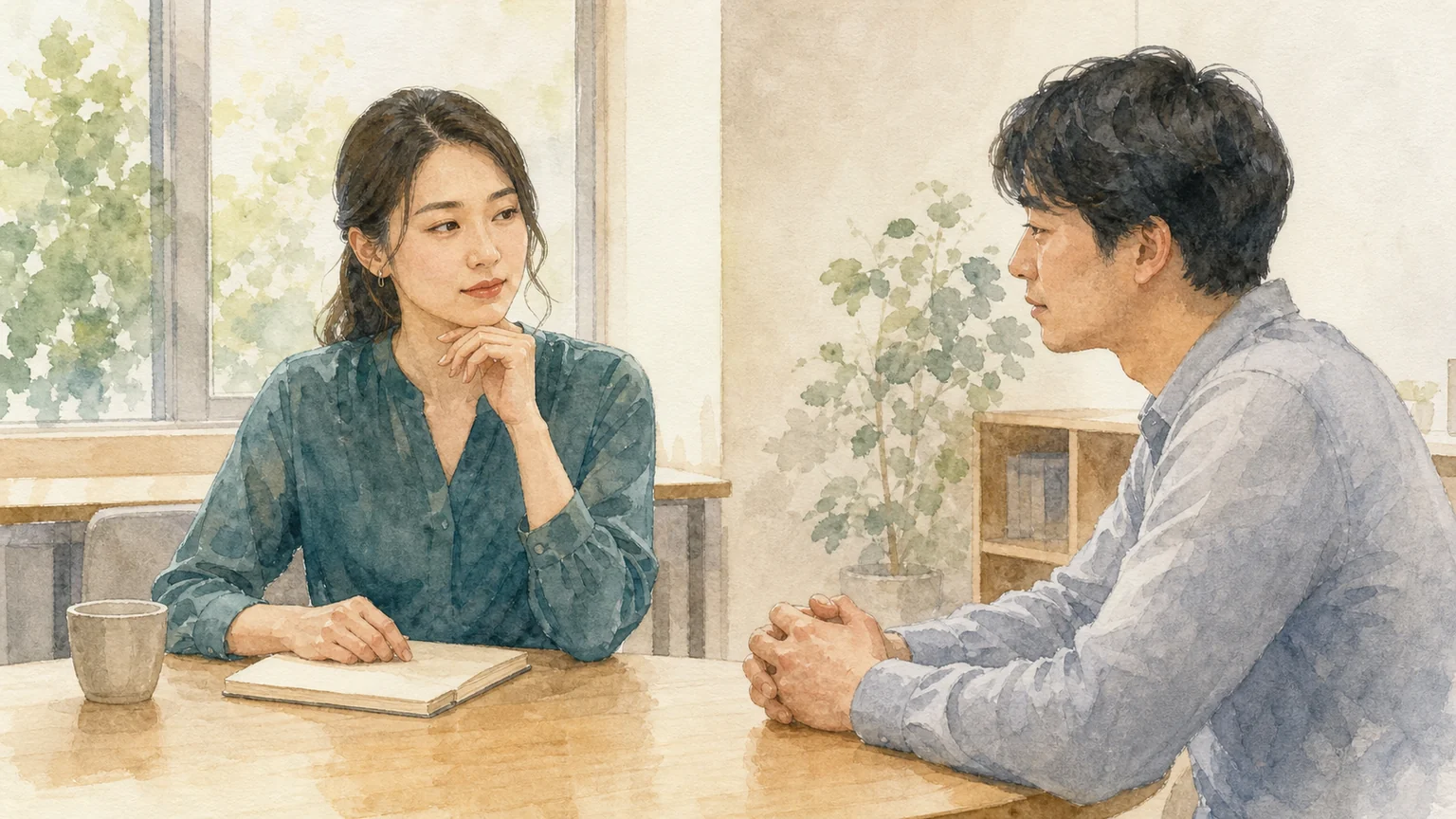 会話の中で相手を評価する側に立つ人と、少し身を引いて話を聞く人を描いた水彩風の画像