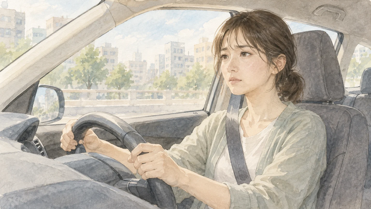 昼のやわらかな光が差し込む車内で、ハンドルに両手を添えて前方を見ながら、少しだけ身構えた表情をしている人の透明水彩イラスト