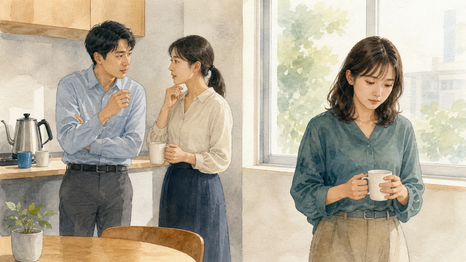 休憩室で始まった内緒話の輪の外側で、居心地悪くカップを持つ人を描いた水彩風の画像