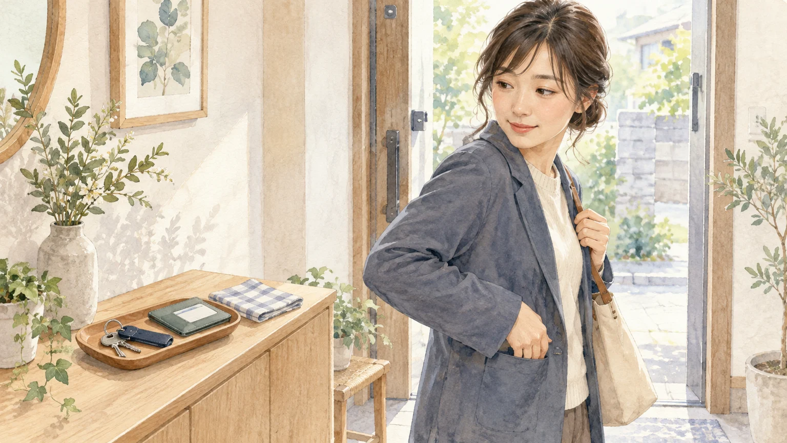 明るい朝の玄関で、鍵置きのトレーを振り返り忘れ物に気づいた人の透明水彩イラスト