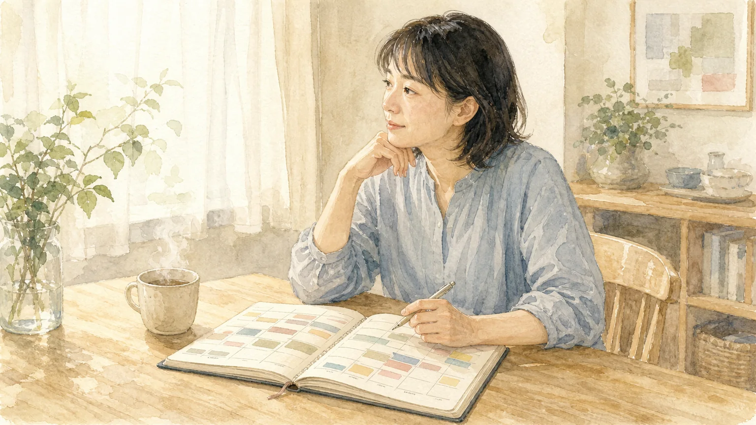 予定を詰め込んだ手帳を見ながら、余白をつくろうと考える人のイラスト